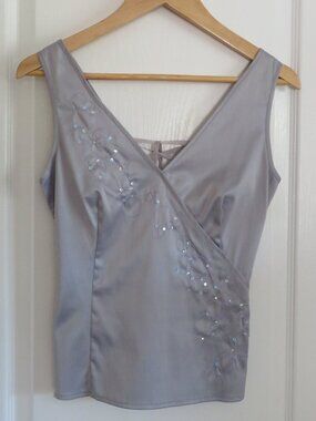 Topshop Gray Satin Embellished V-Neck Top size 4-6 US